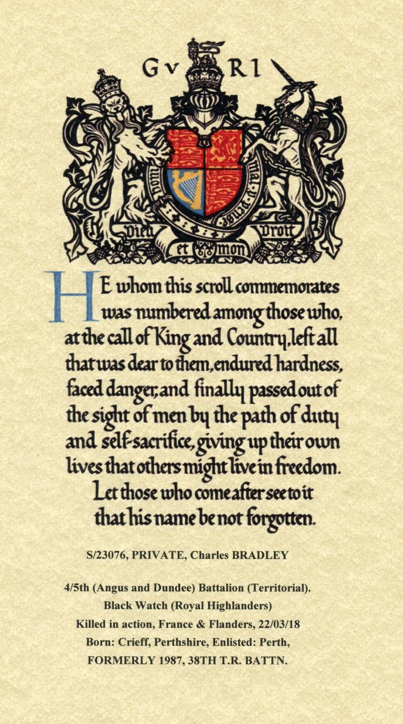 WW1 Victory Medal 1914-1919 To Pte Charles Bradley, 4th 15th Bn., Black Watch (Royal Highlanders)