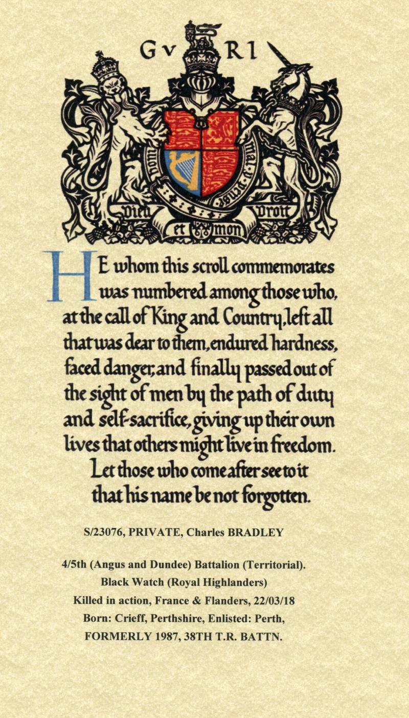 WW1 Victory Medal 1914-1919 To Pte Charles Bradley, 4th 15th Bn., Black Watch (Royal Highlanders)