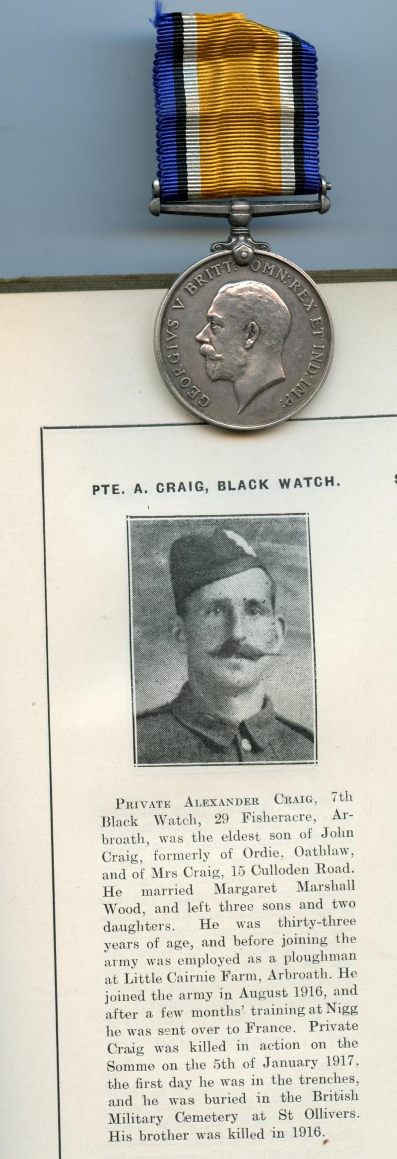 WW1 British War Medal 1914-18 To Pte Alexander Craig,1st/7th Bn., Black Watch (Royal Highlanders)