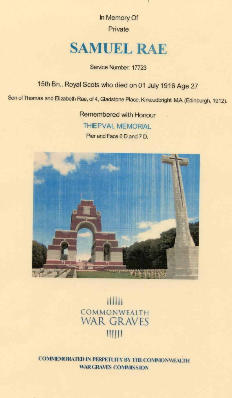 WW1 Memorial Plaque To Pte Samuel Rae, 15th Bn Royal Scots Killed in Action on the 1st Day of The Battle of Somme