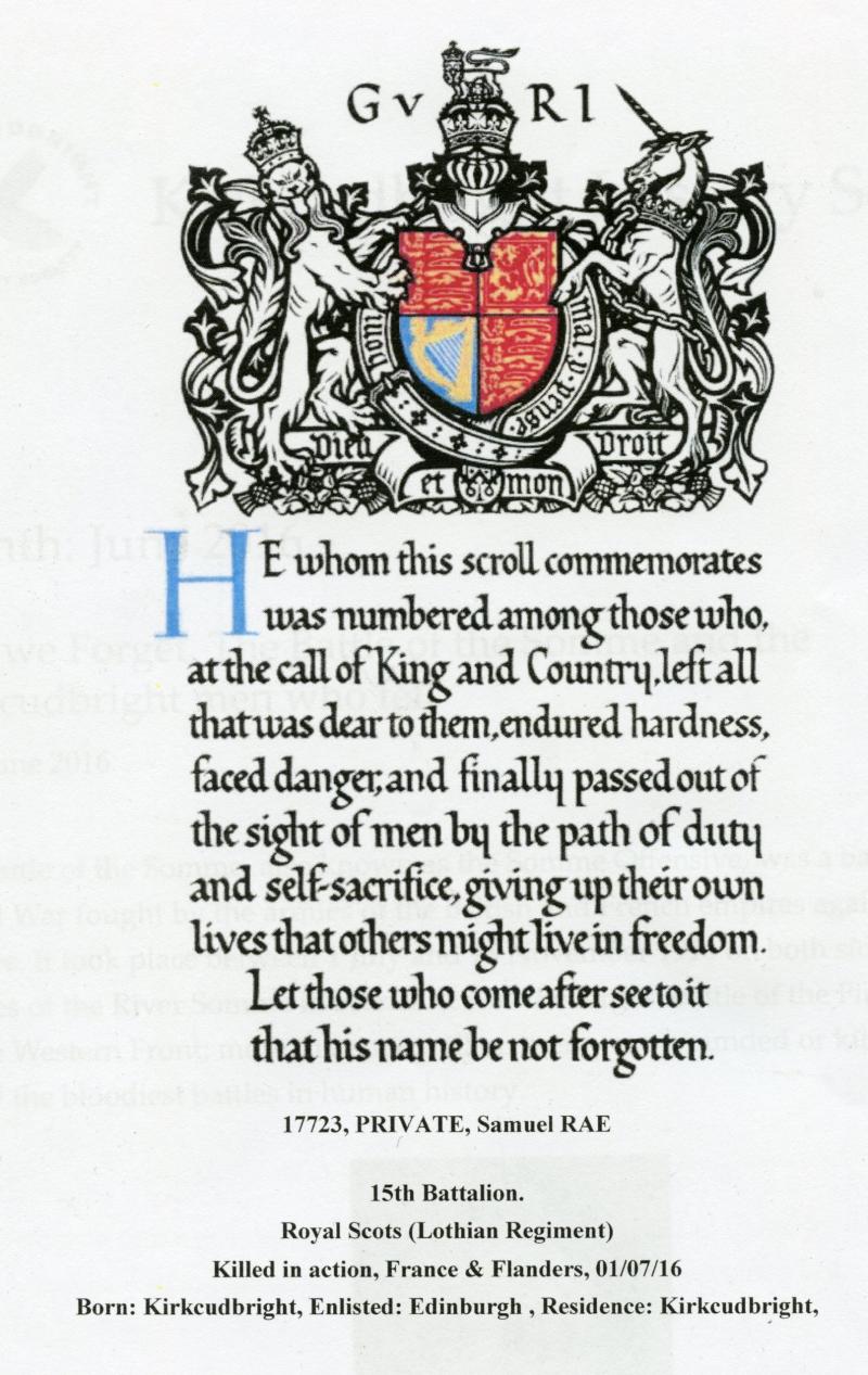 WW1 Memorial Plaque To Pte Samuel Rae, 15th Bn Royal Scots Killed in Action on the 1st Day of The Battle of Somme