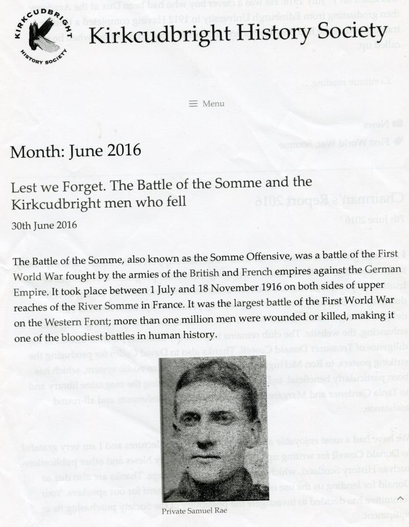 WW1 Memorial Plaque To Pte Samuel Rae, 15th Bn Royal Scots Killed in Action on the 1st Day of The Battle of Somme