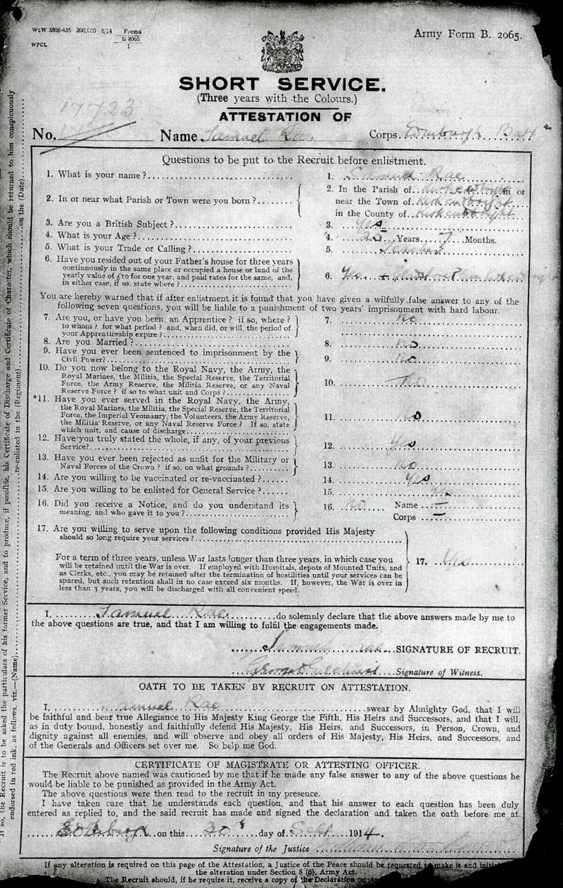 WW1 Memorial Plaque To Pte Samuel Rae, 15th Bn Royal Scots Killed in Action on the 1st Day of The Battle of Somme