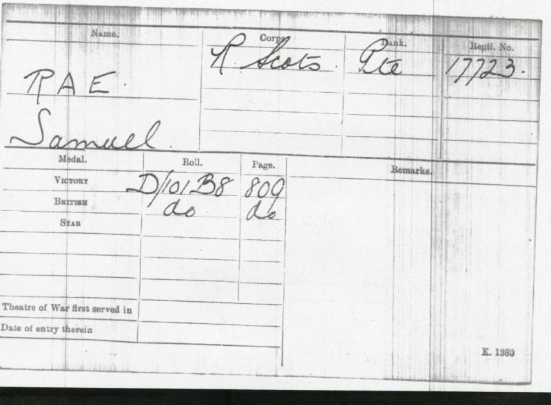 WW1 Memorial Plaque To Pte Samuel Rae, 15th Bn Royal Scots Killed in Action on the 1st Day of The Battle of Somme