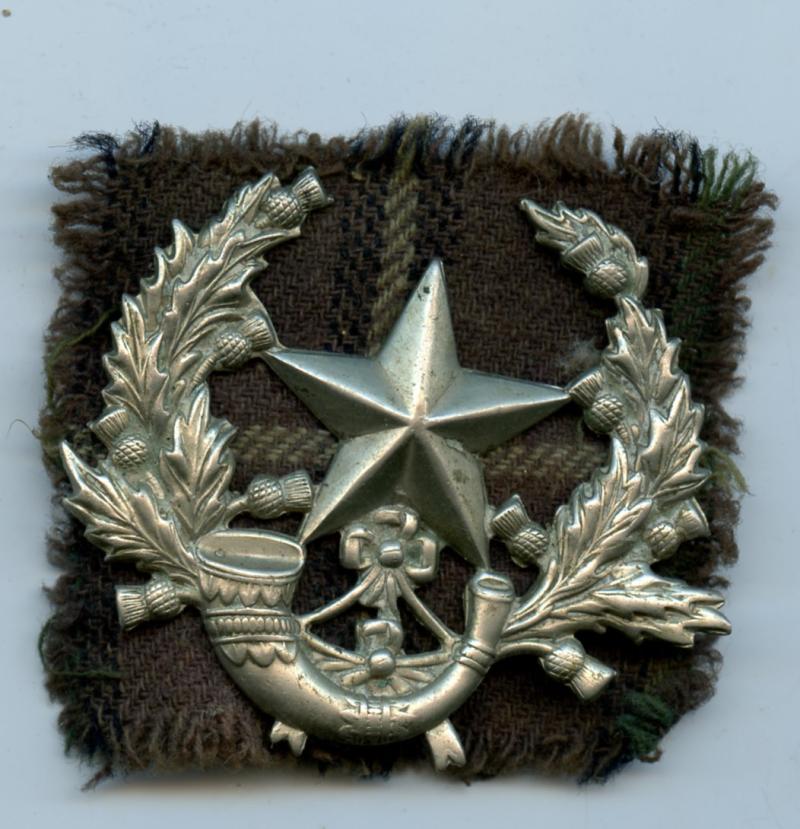 WW1 Cameronians, Scottish Rifles Cap Badge with Tartan backing