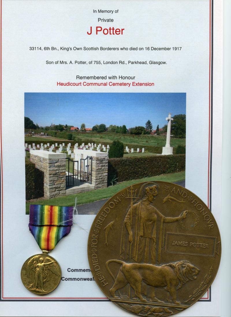 WW1 Victory Medal with Memorial Plaque To Pte James Potter, 6th Bn King's Own Scottish Borderers