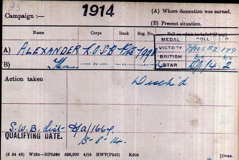 1914 Mons Trio World War One Medals To Pte Thomas Alexander, 2nd Bn Kings Own Scottish Borderers