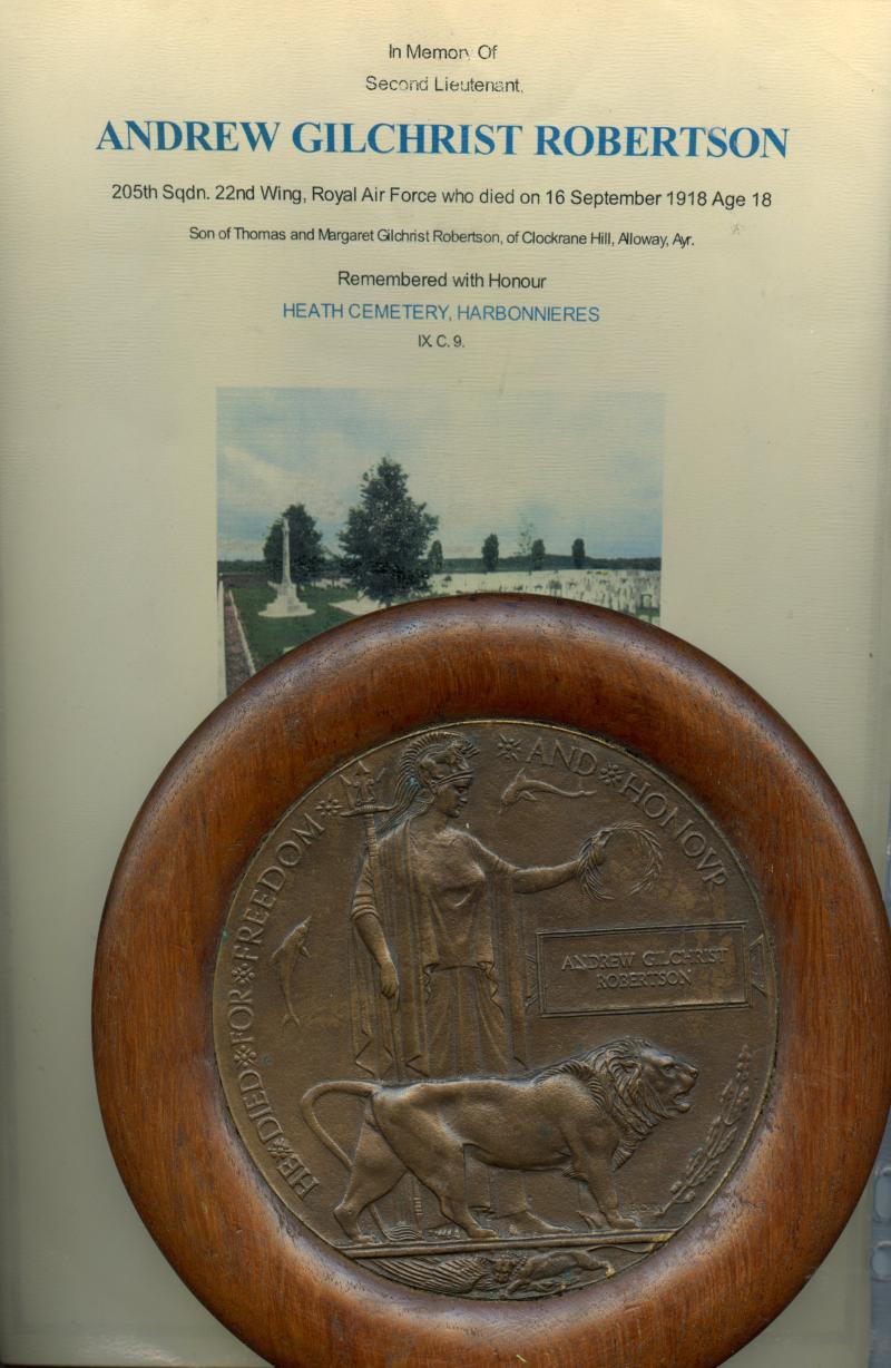 WW1 Memorial Plaque to Second Lieutenant Andrew Gilchrist Robertson 205th Sqdn. 22nd Wing, Royal Air Force