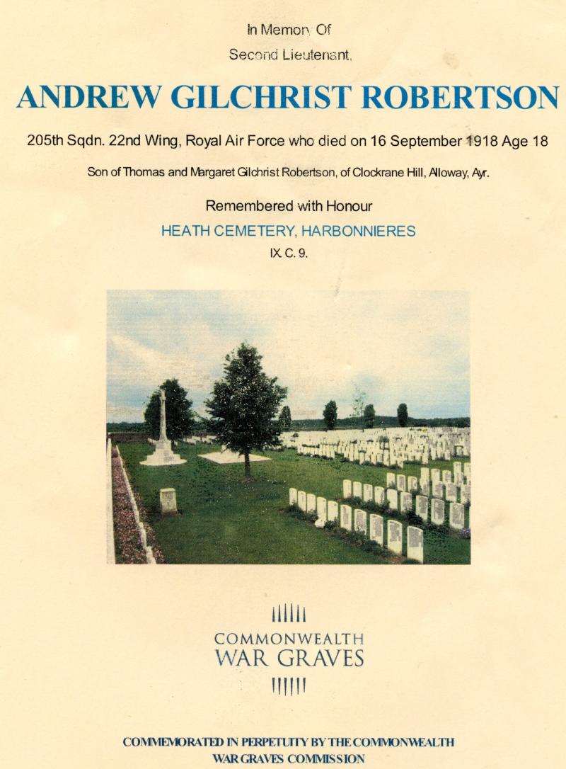 WW1 Memorial Plaque to Second Lieutenant Andrew Gilchrist Robertson 205th Sqdn. 22nd Wing, Royal Air Force