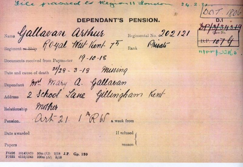 WW1 British War Medal 1914-18 To Pte Arthur Gallavan, 7th Bn., Queen's Own (Royal West Kent Regiment)