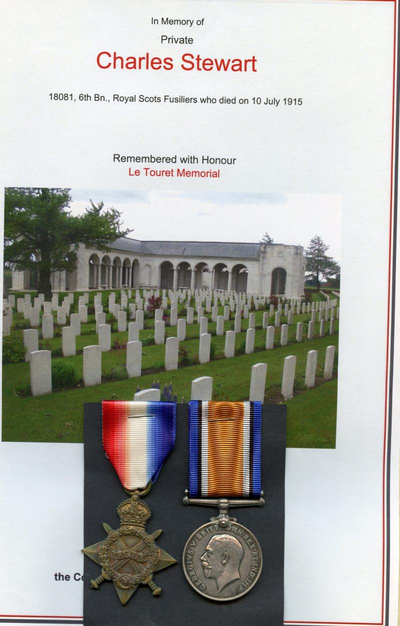 WW1 1914-15 Star & British War Medal 1914-1918 To Pte Charles Stewart, Scottish Rifles & Royal Scots Fusiliers