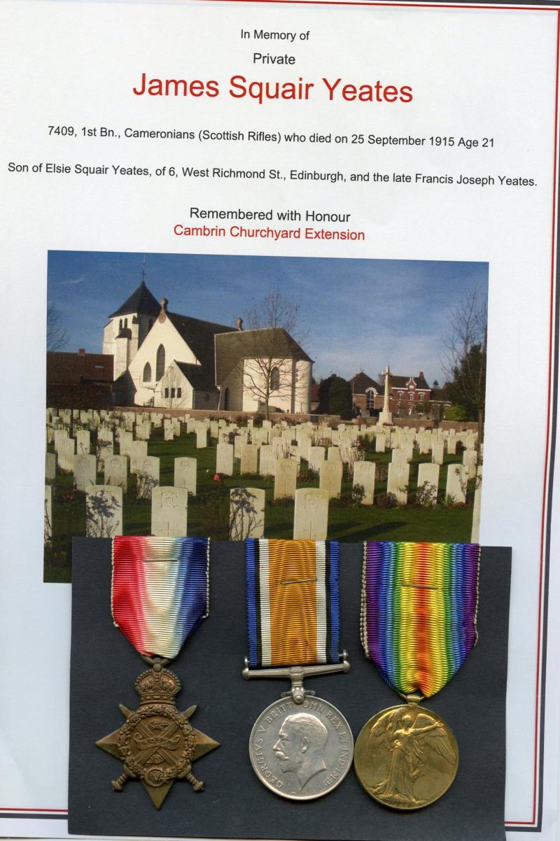 WW1 1914 Mons Trio To Pte James Squire Yeates, 1st Bn., Cameronians (Scottish Rifles)