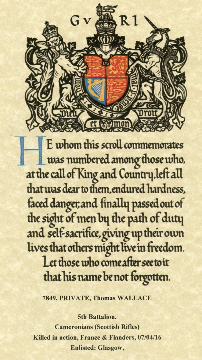 1914-15 Star Trio & Memorial Plaque to Pte Thomas Wallace, 5th Bn., Cameronians (Scottish Rifles)