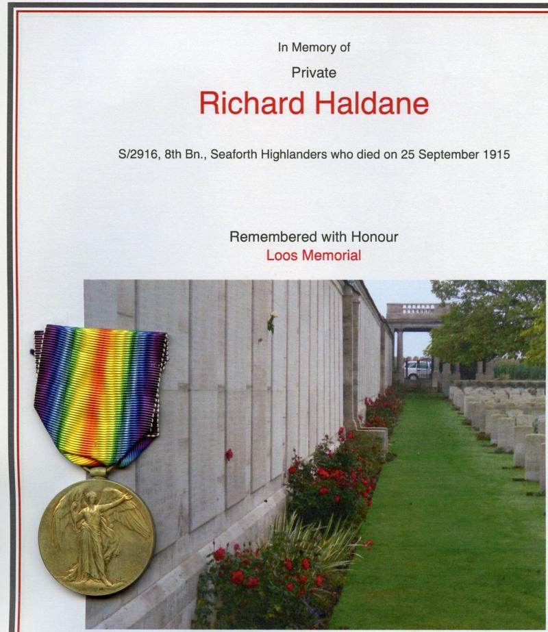 WW1 Victory Medal 1914-1919 To Pte Richard Haldane, 8th Bn., Seaforth Highlanders