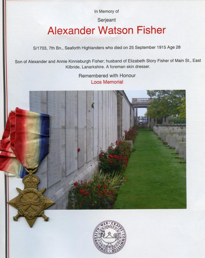 WW1 1914-15 Star Medal to Pte Alexander Watson Fisher, 7th Bn., Seaforth Highlanders