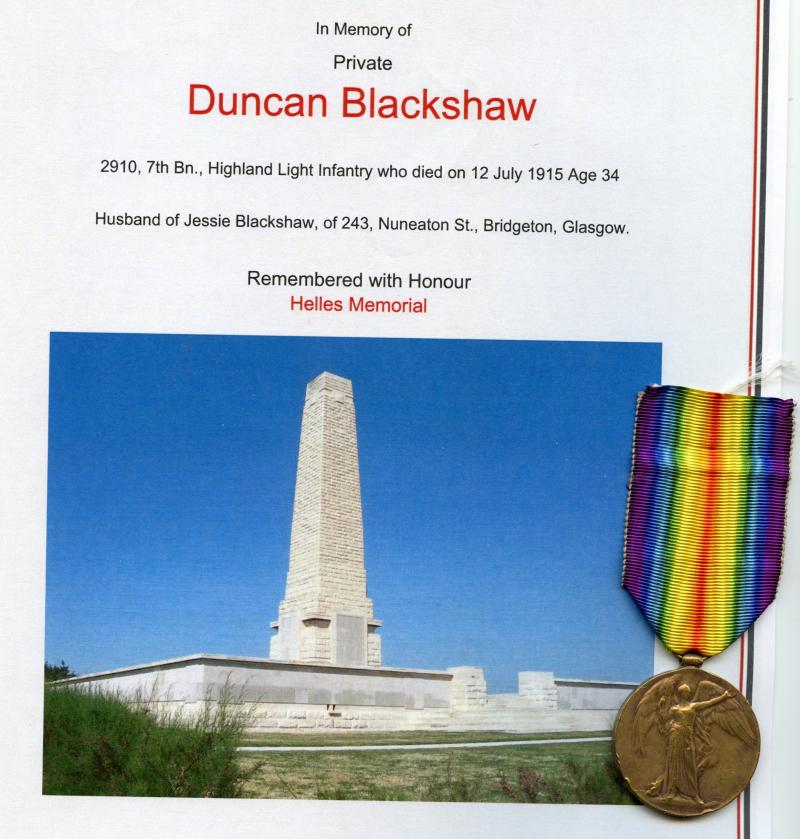WW1 Victory Medal  To Pte Duncan Blackshaw, 7th Bn., Highland Light Infantry
