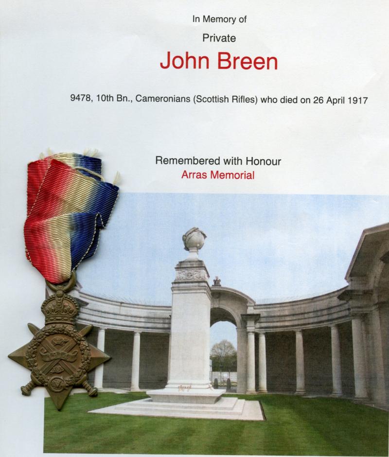 WW1 1914 Mons Star Medal To Pte John Breen, 10th Bn., Cameronians (Scottish Rifles)