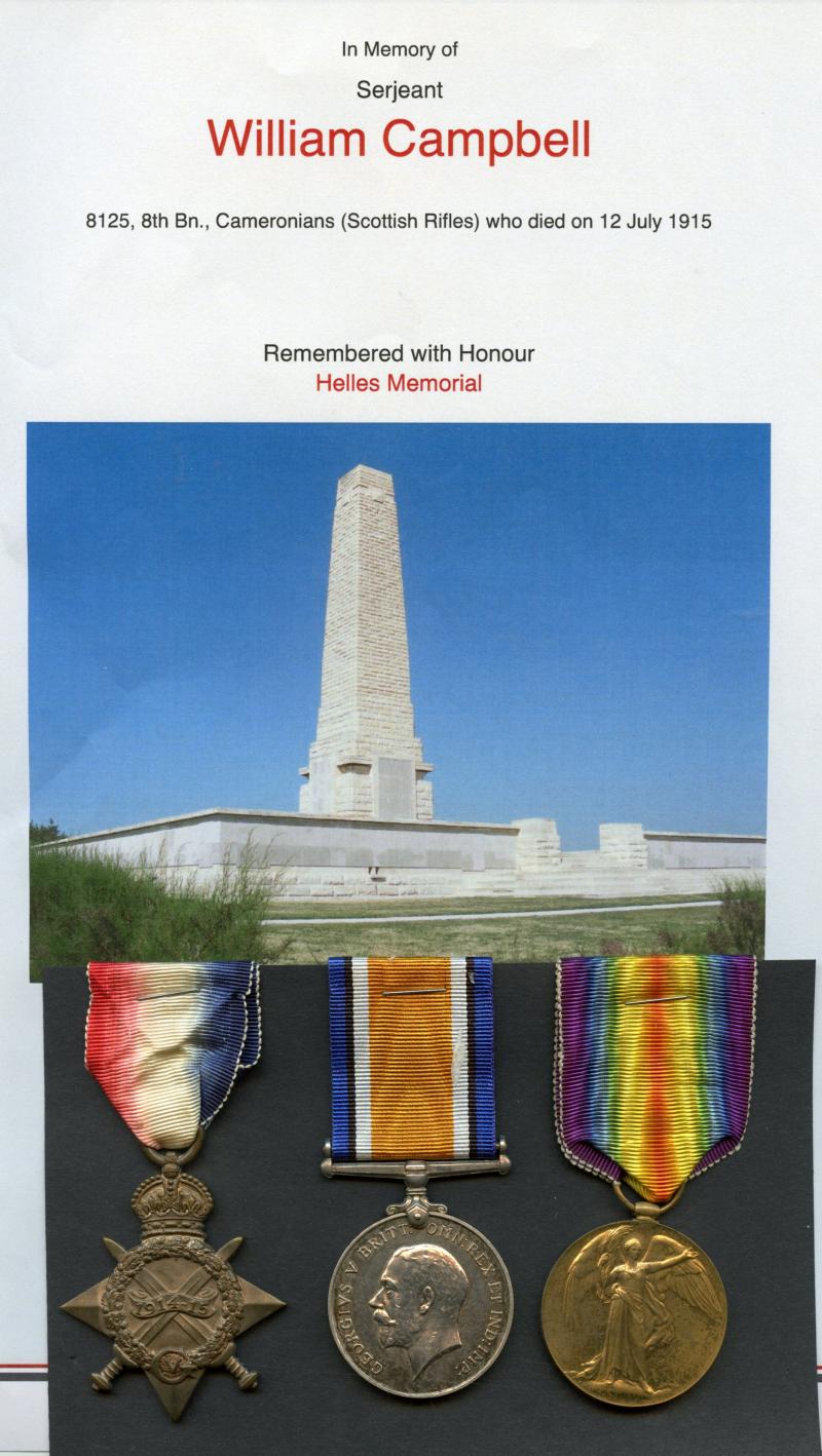 1914-15 Trio World War One Medals To Serjeant William Campbell  8th Bn., Cameronians (Scottish Rifles