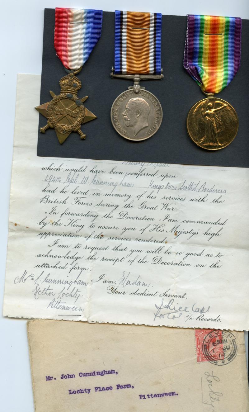 1914-15 Trio World War One Medals To Pte William Cunningham,HLI & 6th Bn., King's Own Scottish Borderers