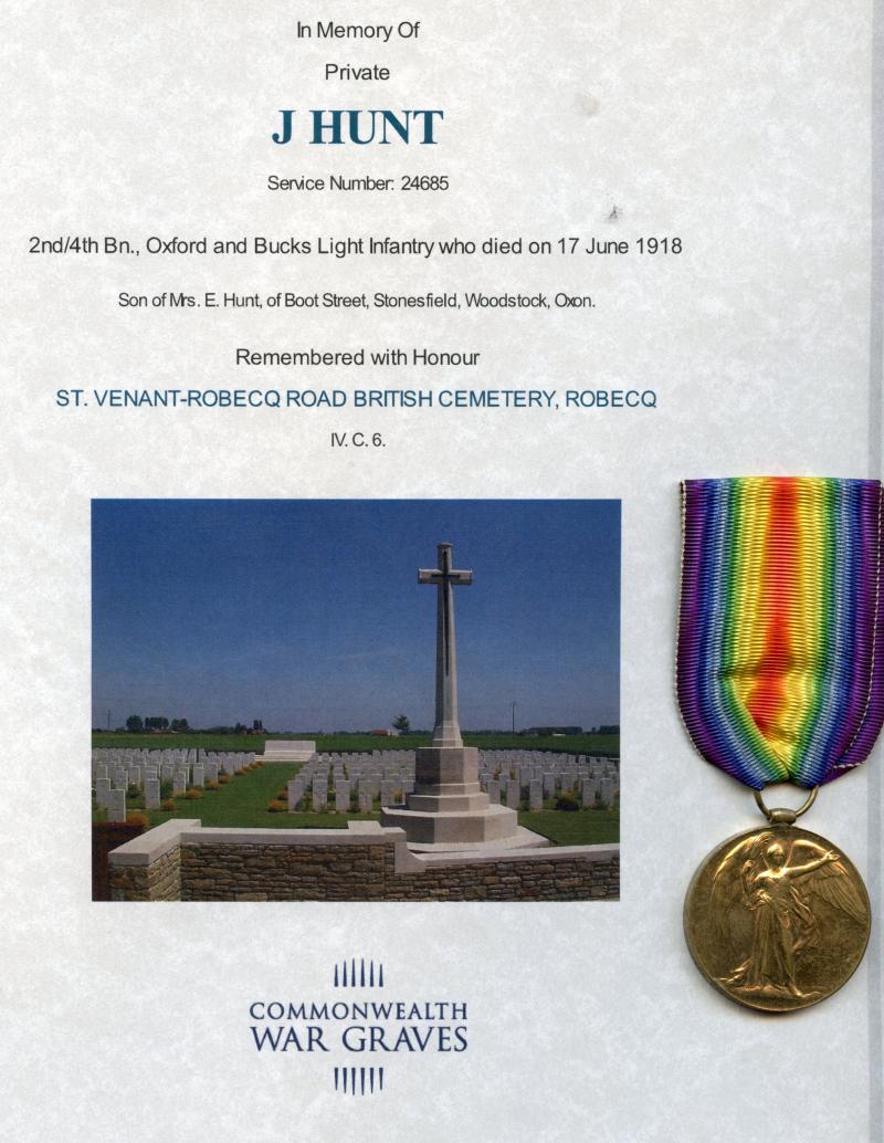 WW1 Victory Medal 1914-1919 To Pte James Hunt, 2nd/4th Bn.,Oxford and Bucks Light Infantry