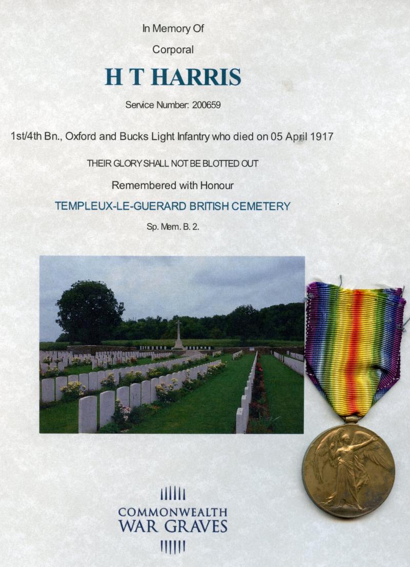 WW1 Victory Medal 1914-1919 To Pte Harold Thomas Harris 1st/4th Bn.,Oxford and Bucks Light Infantry