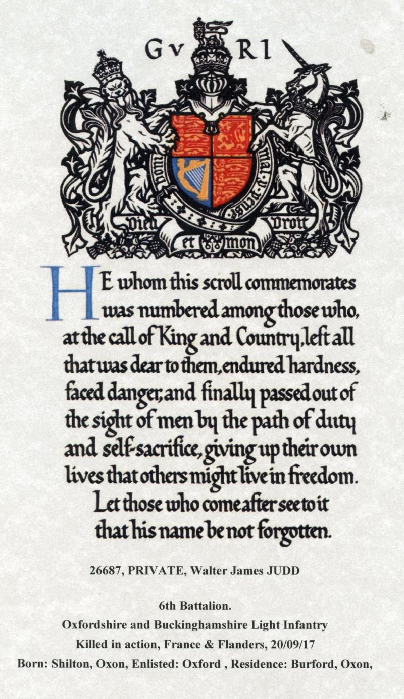 WW1 Victory Medal 1914-1919 To Pte William James Judd,Oxford and Bucks Light Infantry