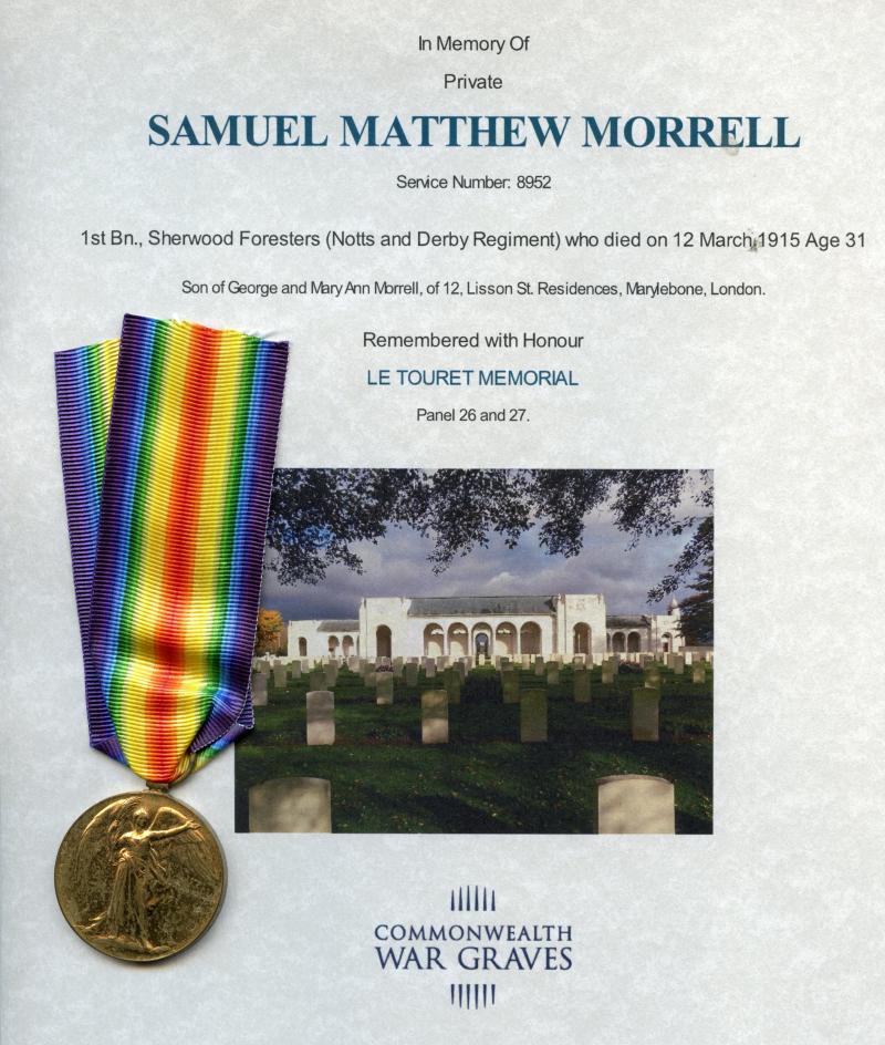 WW1 Victory Medal 1914-1919 To Pte Samuel Matthew Morrell, 1st Bn., Sherwood Foresters (Notts and Derby Regiment