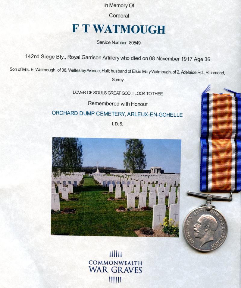 WW1 British War Medal 1914-18 To  Cpl Thomas Watmough, 142nd Siege Bty., Royal Garrison Artillery