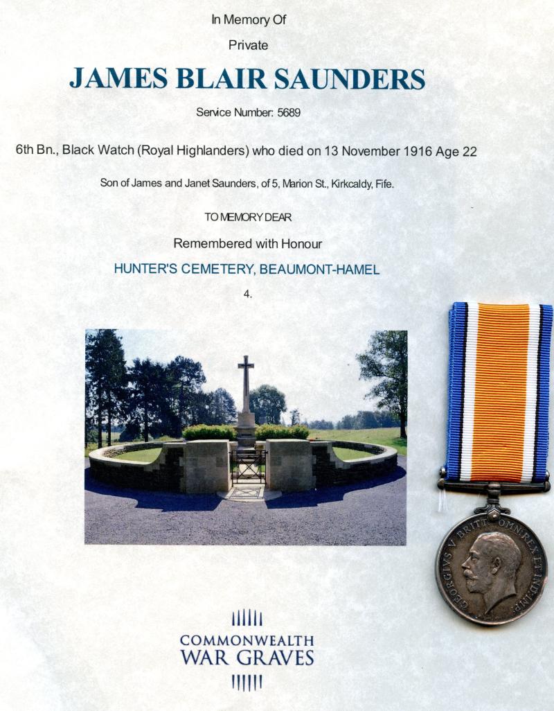 WW1 British War Medal 1914-18 To Pte James Blair Saunders, Saunders 6th Bn., Black Watch (Royal Highlanders)