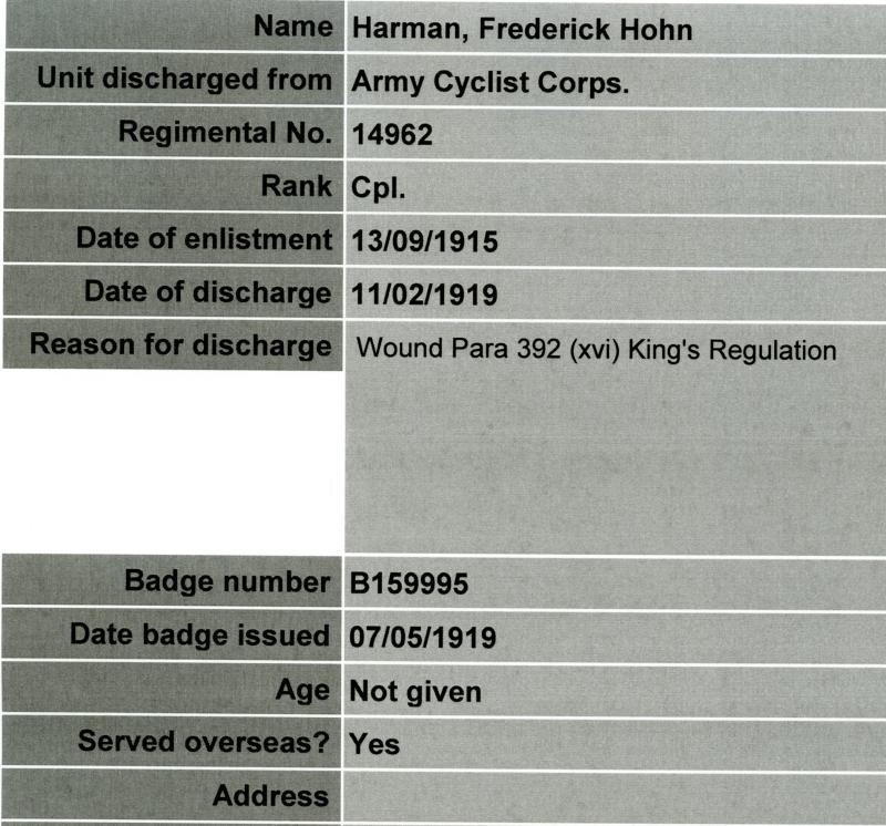 WW1 Victory Medal 1914-19 To Cpl Frederick John Harman, Army Cyclist Corps