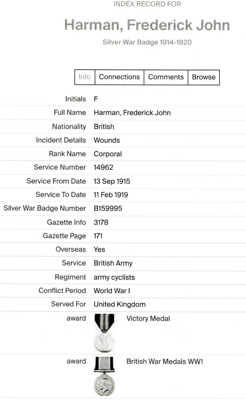 WW1 Victory Medal 1914-19 To Cpl Frederick John Harman, Army Cyclist Corps