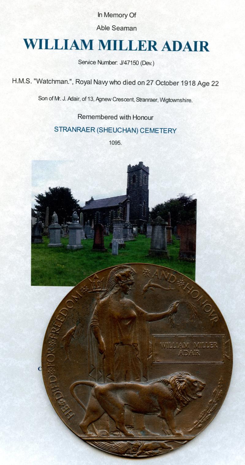 WW1 Memorial Plaque To William Miller Adair,  Royal Navy HMS Watchman