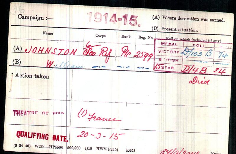 WW1 1914-15 Trio World War One Medals To Pte William Johnston, 6th Bn., Cameronians (Scottish Rifles)