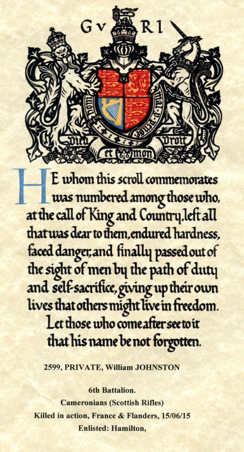 WW1 1914-15 Trio World War One Medals To Pte William Johnston, 6th Bn., Cameronians (Scottish Rifles)