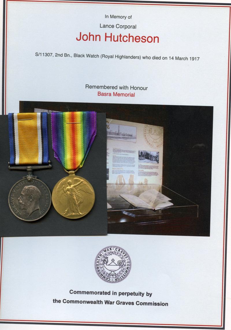 WW1 British War & Victory Medals Pair To L/Cpl John Hutchison 2nd Bn., Black Watch (Royal Highlanders)