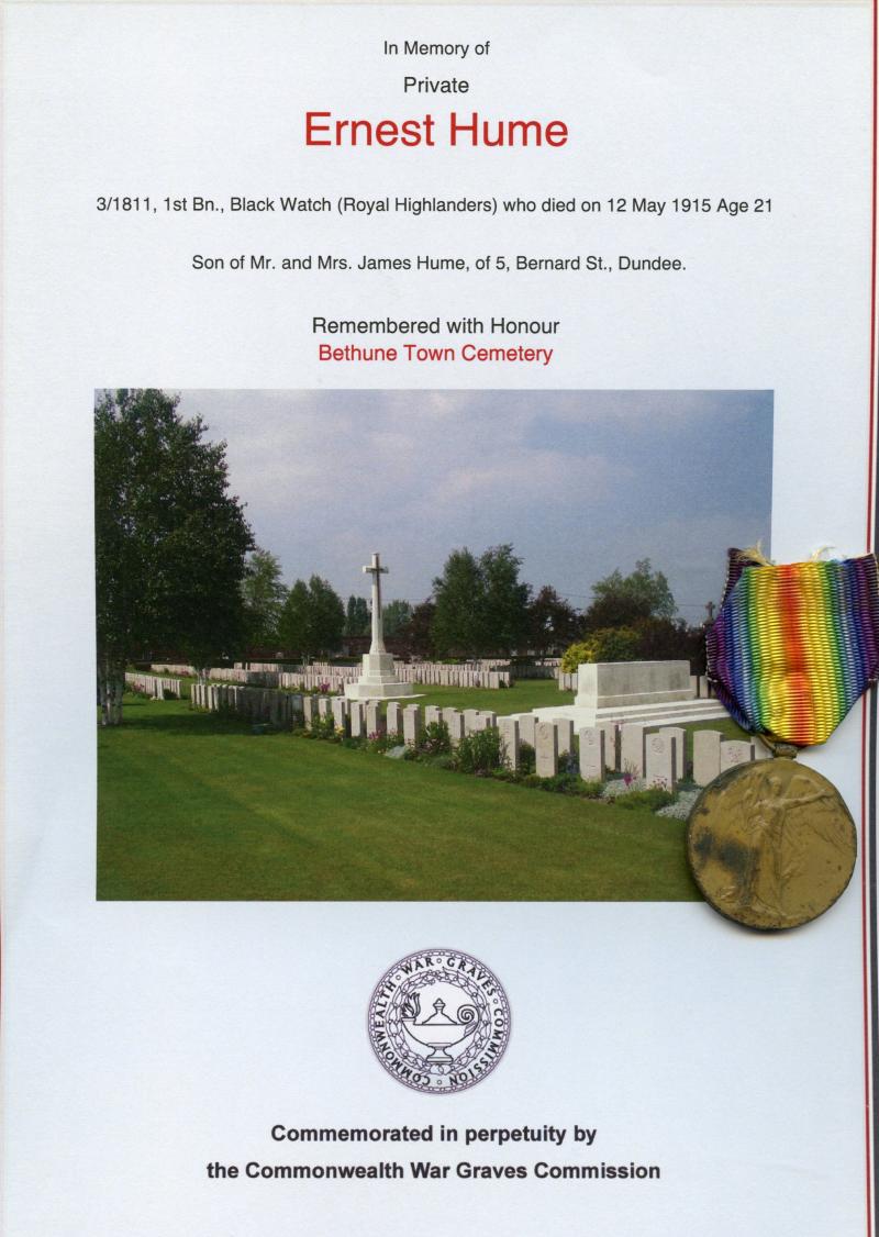 WW1 Victory Medal 1914-1919 To Pte Ernest Hume, 1st Bn., Black Watch (Royal Highlanders)