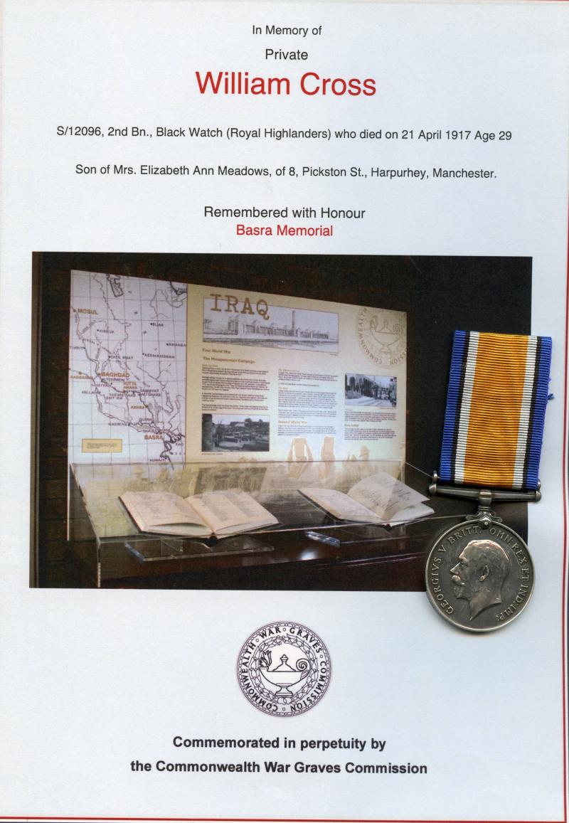 WW1 British War Medal 1914-18 To Pte William Cross 2nd Bn., Black Watch (Royal Highlanders)