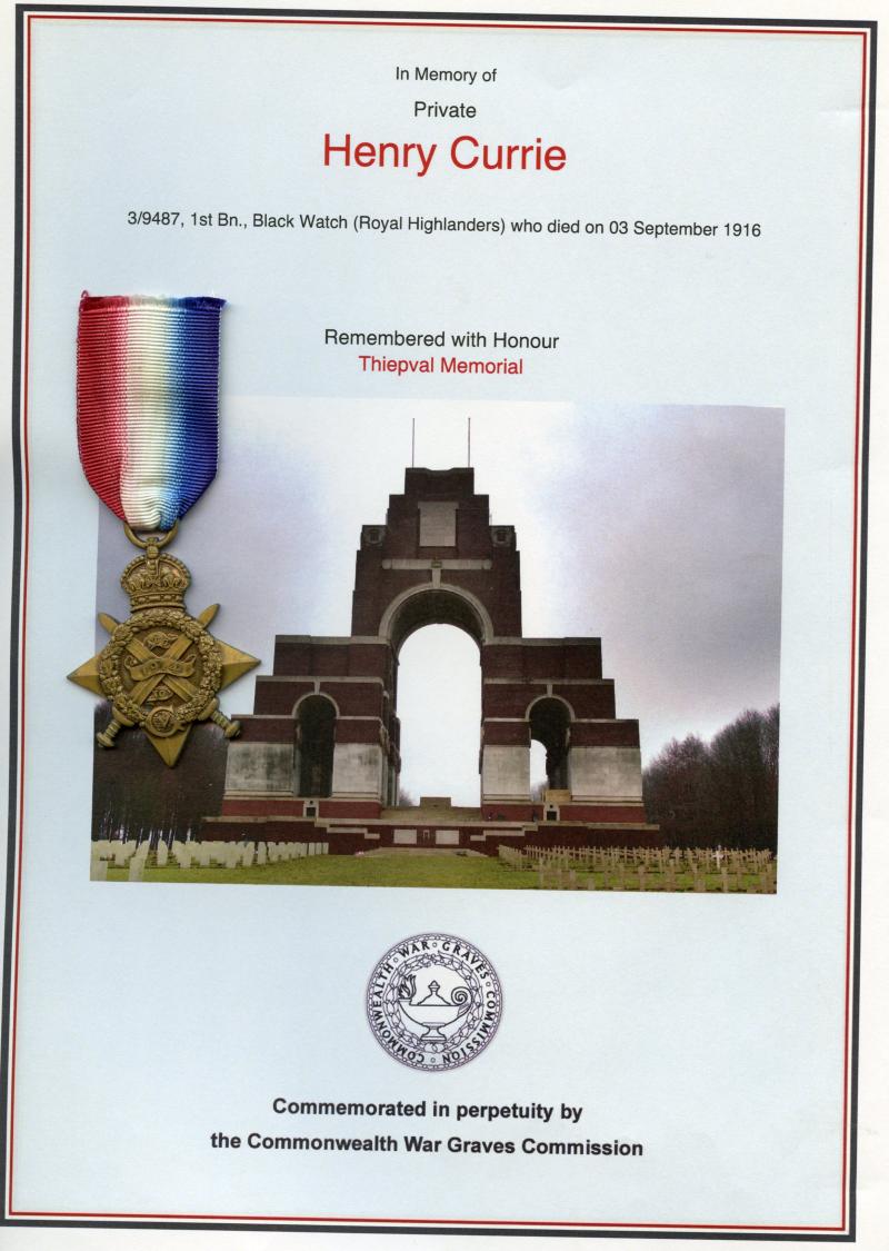WW1 1914 Mons Star Medal To Pte Henry Currie 1st Bn., Black Watch (Royal Highlanders)
