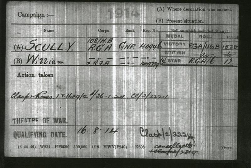 WW1 1914 Mons Star To Gunner William Scully, Royal Garrison Artillery