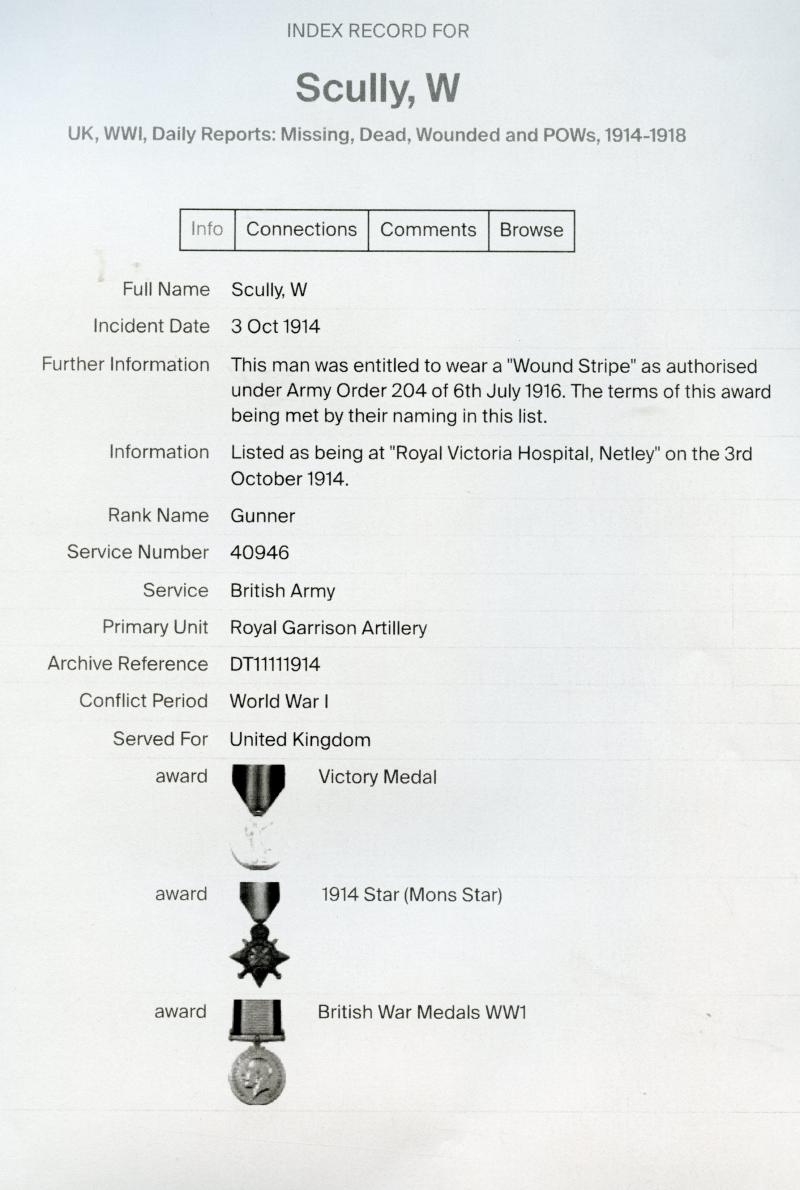 WW1 1914 Mons Star To Gunner William Scully, Royal Garrison Artillery