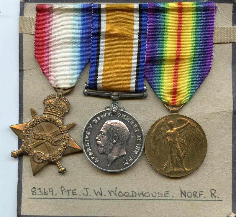 WW1 1914-15 Trio World War One Medals To Pte John William Woodhouse, 2nd Bn Norfolk Regiment