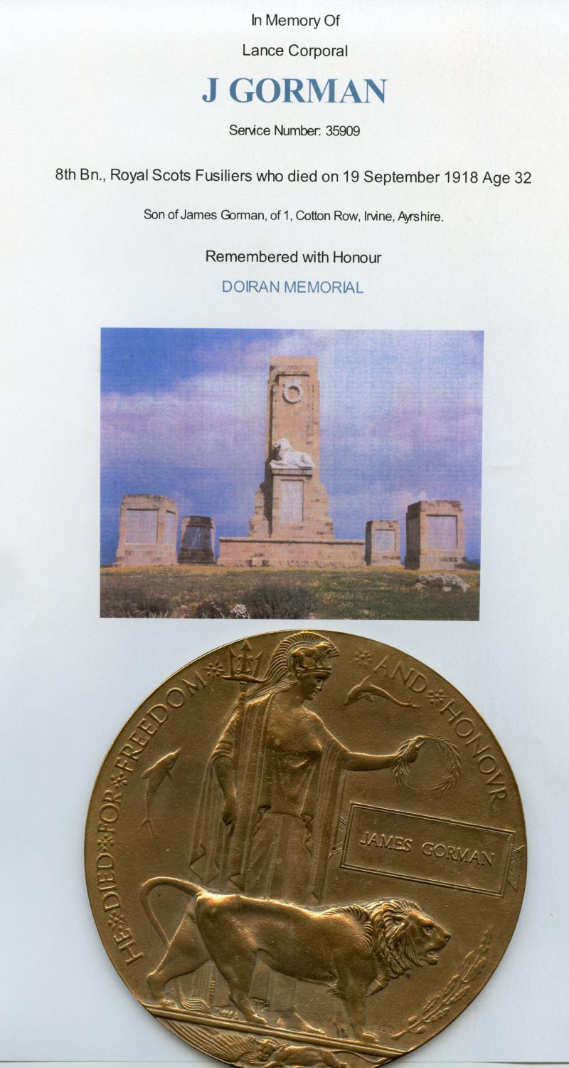 WW1 Memorial Plaque To L/Cpl James Gorman 8th Bn., Royal Scots Fusiliers