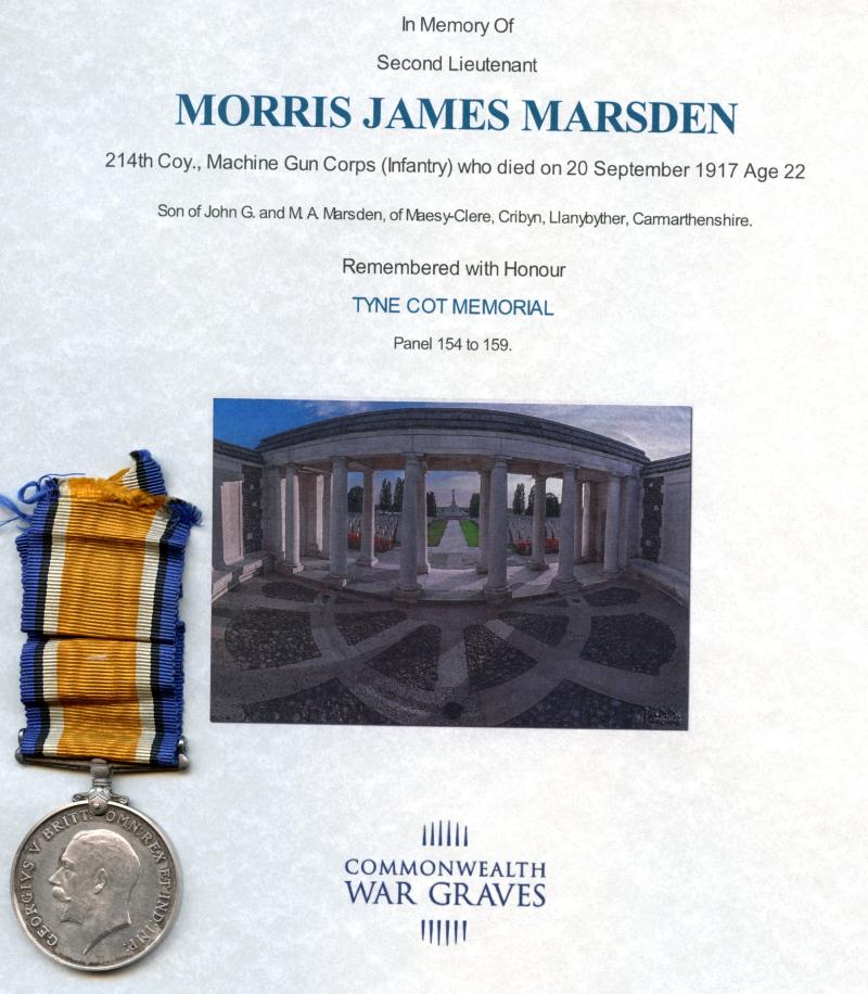 British War Medal 1914-18 To Second Lieutenant Morris James Marsden 214th Coy., Machine Gun Corps (Infantry) & Glamorgan Yeomanry