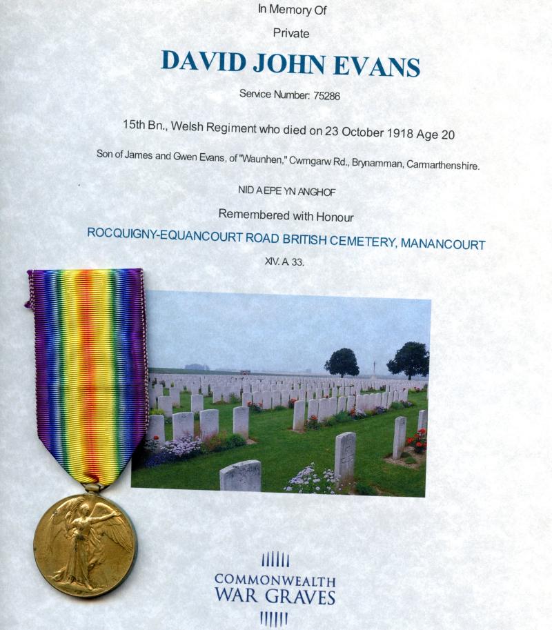 WW1 Victory Medal 1914-1919 To Private David John Evans 15th Bn., Welsh Regiment