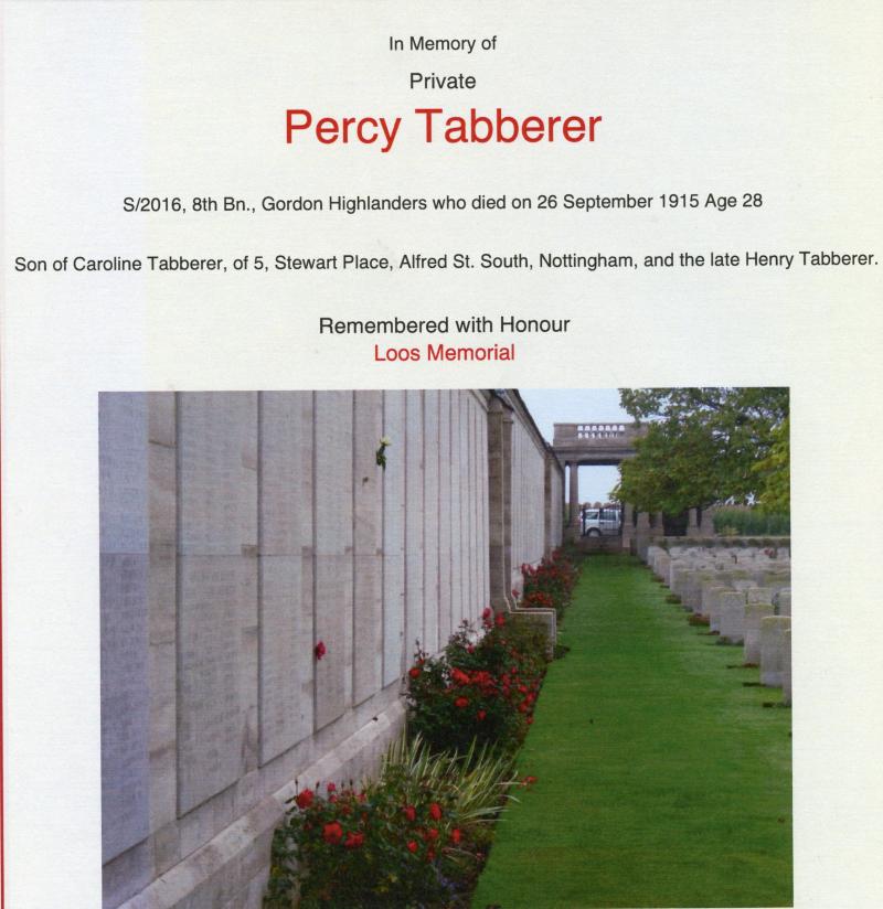 WW1 Victory Medal 1914-1919 To Pte Percy Tabberer, 8th Bn., Gordon Highlanders