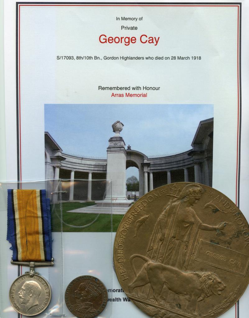 WW1 British War Medal 1914-18 & Memorial Plaque To Pte George Cay, 8th/10th Bn., Gordon Highlanders