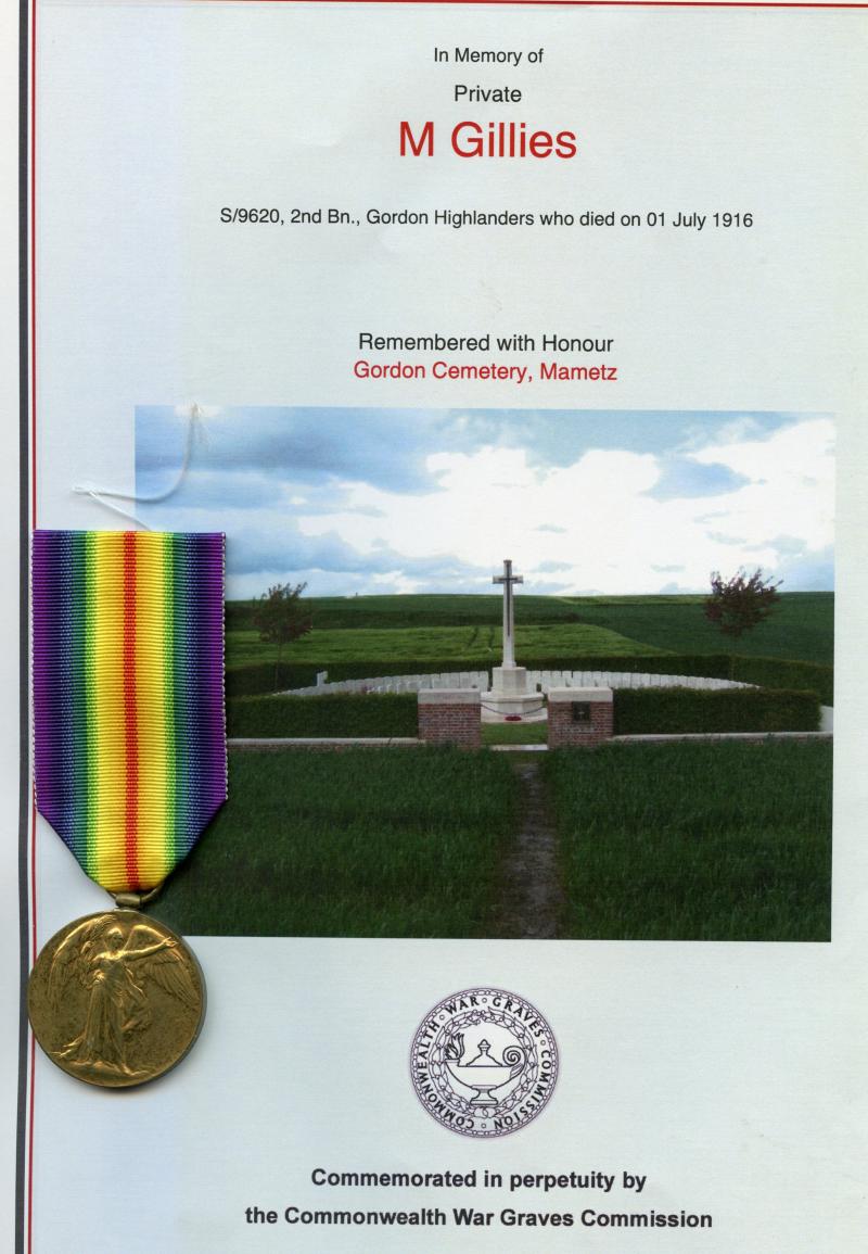 WW1 Victory Medal 1914-19 To Pte Malcolm Gillies, 2nd Bn., Gordon Highlanders ( Killed in Action on the First Day of The Battle of The Somme 01 July 1916)