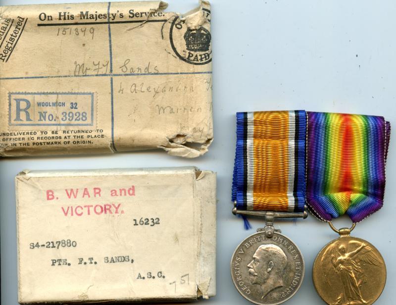 WW1 British War & Victory Medals Pair To Pte Frederick T Sands, Army Service Corps