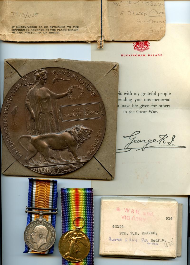WW1 British War & Victory Medals Pair & Memorial Plaque Pair To Pte William Maurice Deaves, 2nd Bn., Bedfordshire Regiment