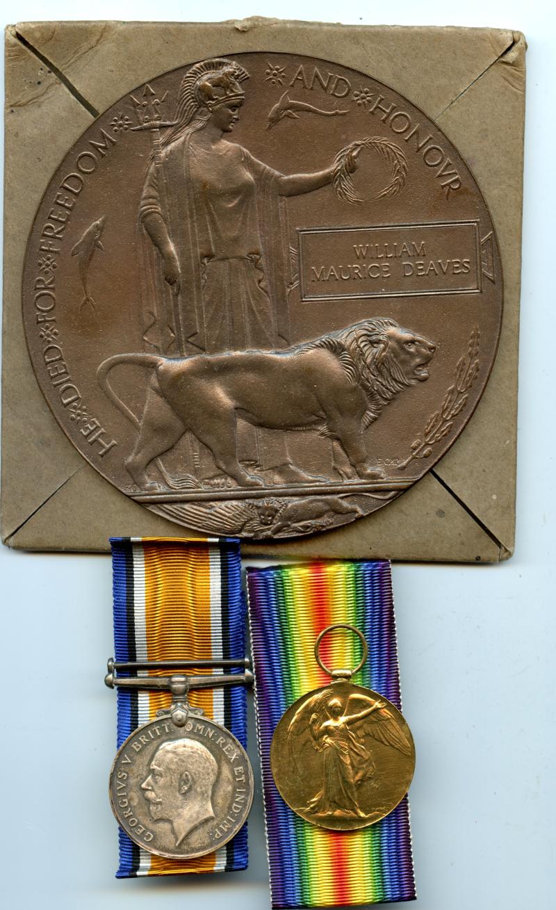 WW1 British War & Victory Medals Pair & Memorial Plaque Pair To Pte William Maurice Deaves, 2nd Bn., Bedfordshire Regiment